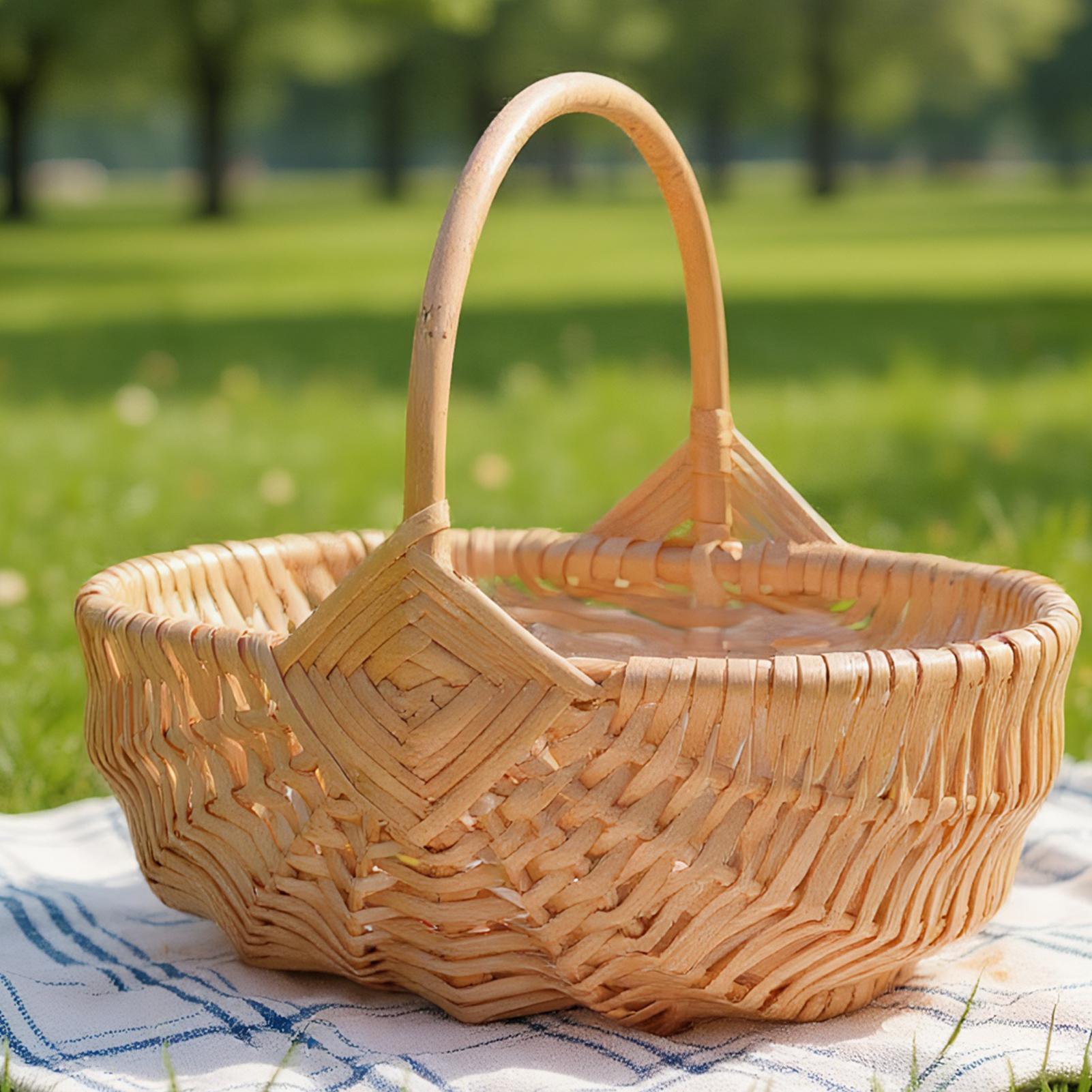 Outdoor Activities In Camping - Woven Wicker Picnic Basket With Handle